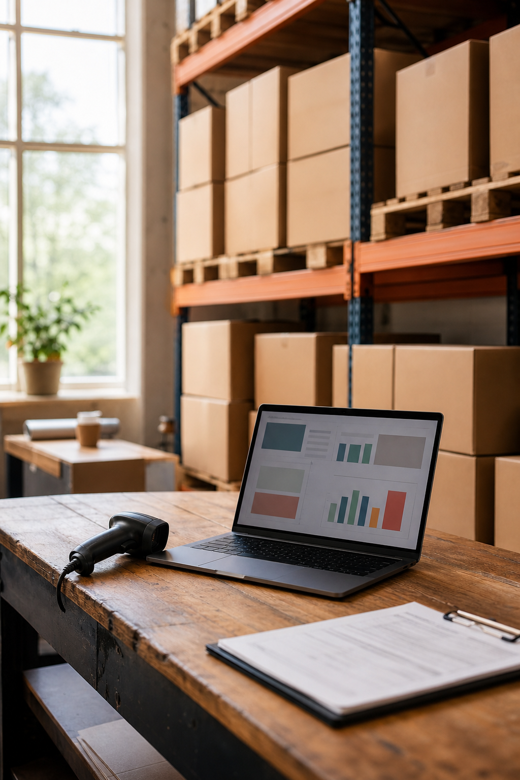 Laptop met dashboard, handscanner en klembord op werkbank in MKB-magazijn met palletstellingen