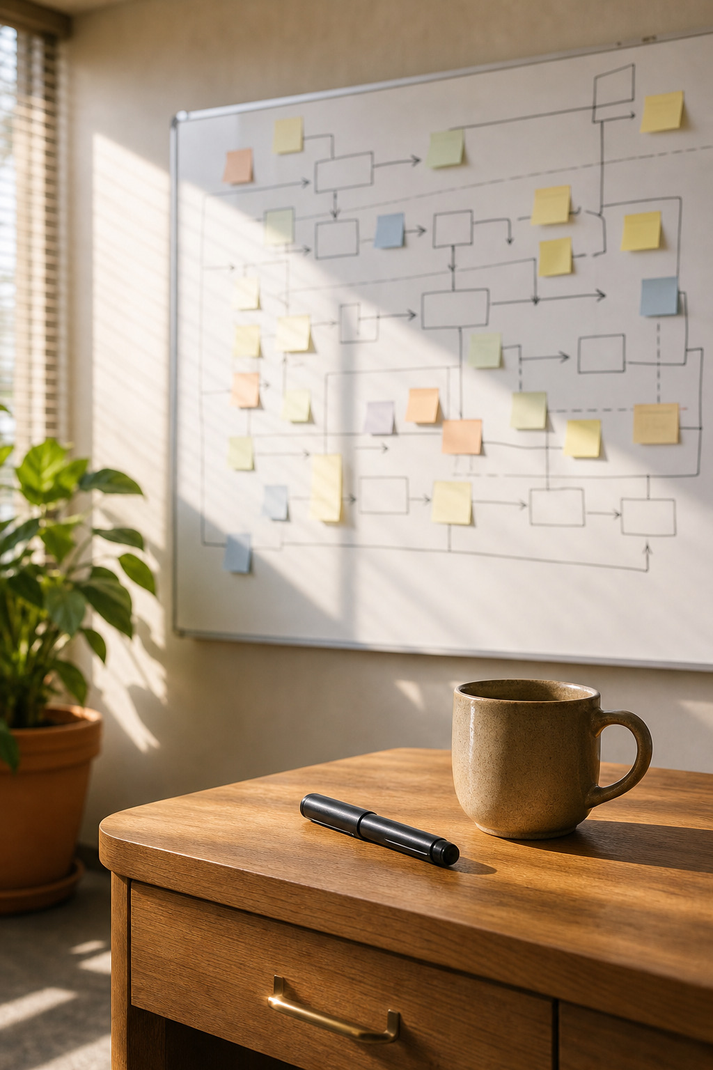 Whiteboard met handgetekende processtappen, pijlen en sticky notes in een MKB-kantoor