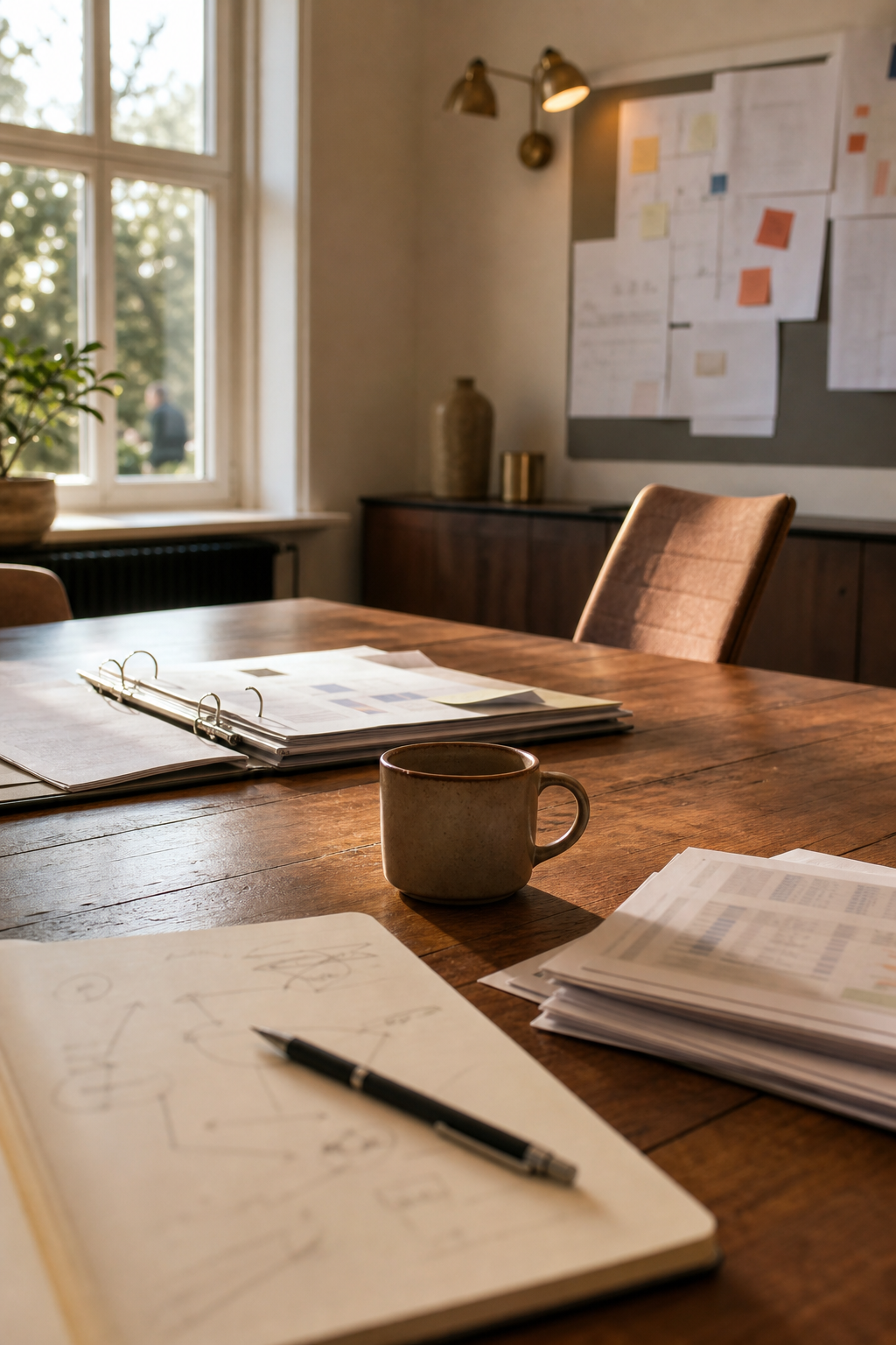 Directietafel met projectmap, notitieboek met processchets en pinboard met sticky notes